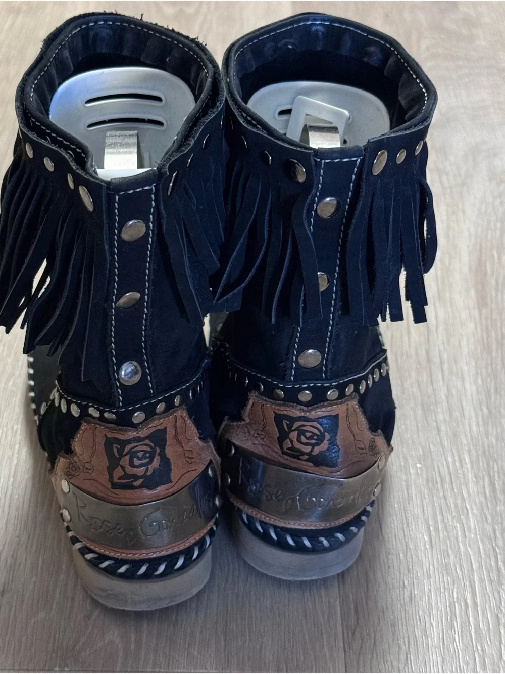 Rose Gonzales Black Studded Boots Moccasin Style Size 7 Removable Fringe Tassel